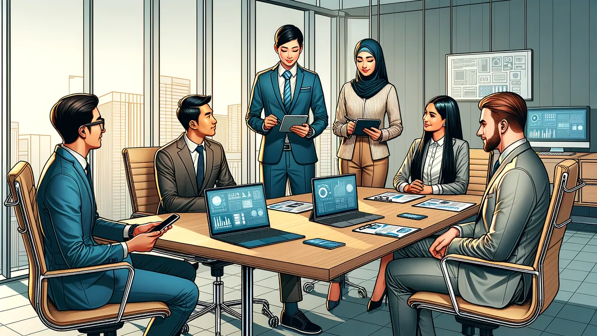 Graphic showing migrants working in a professional IT office